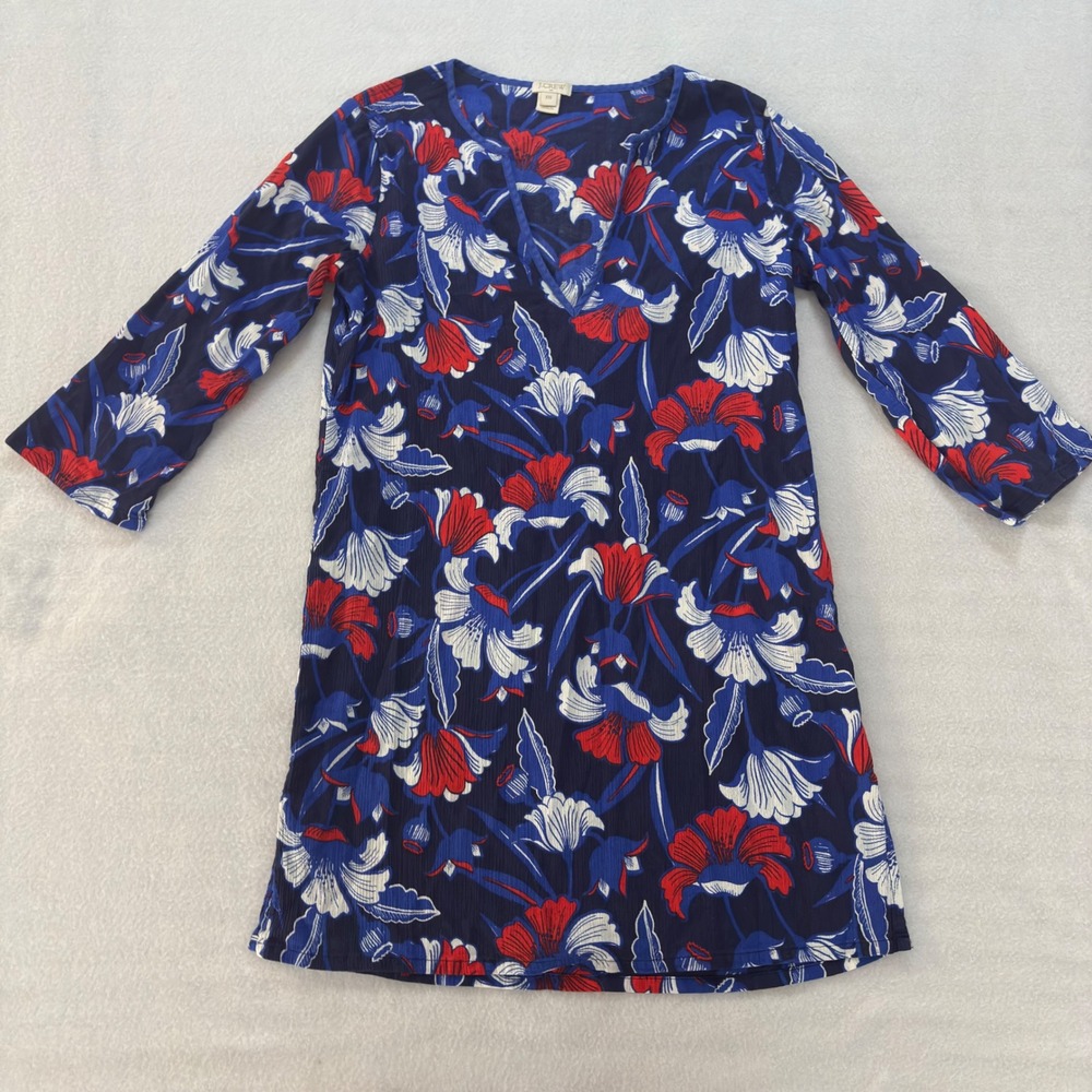 J.Crew Womens XXS Blue Red White Floral Cotton Gauze V-Neck Shift Dress G7249